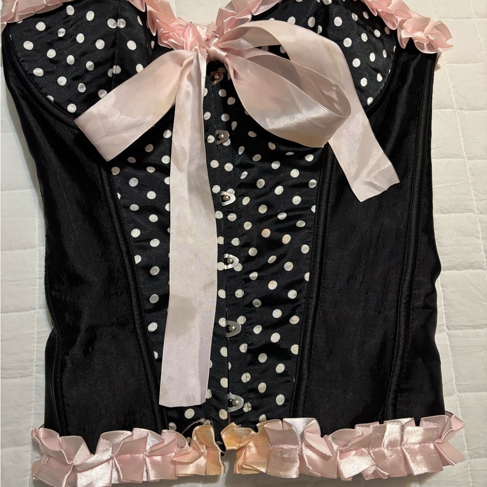 Black Polka Dot Corset Burlesque Top with Pink Ribbon